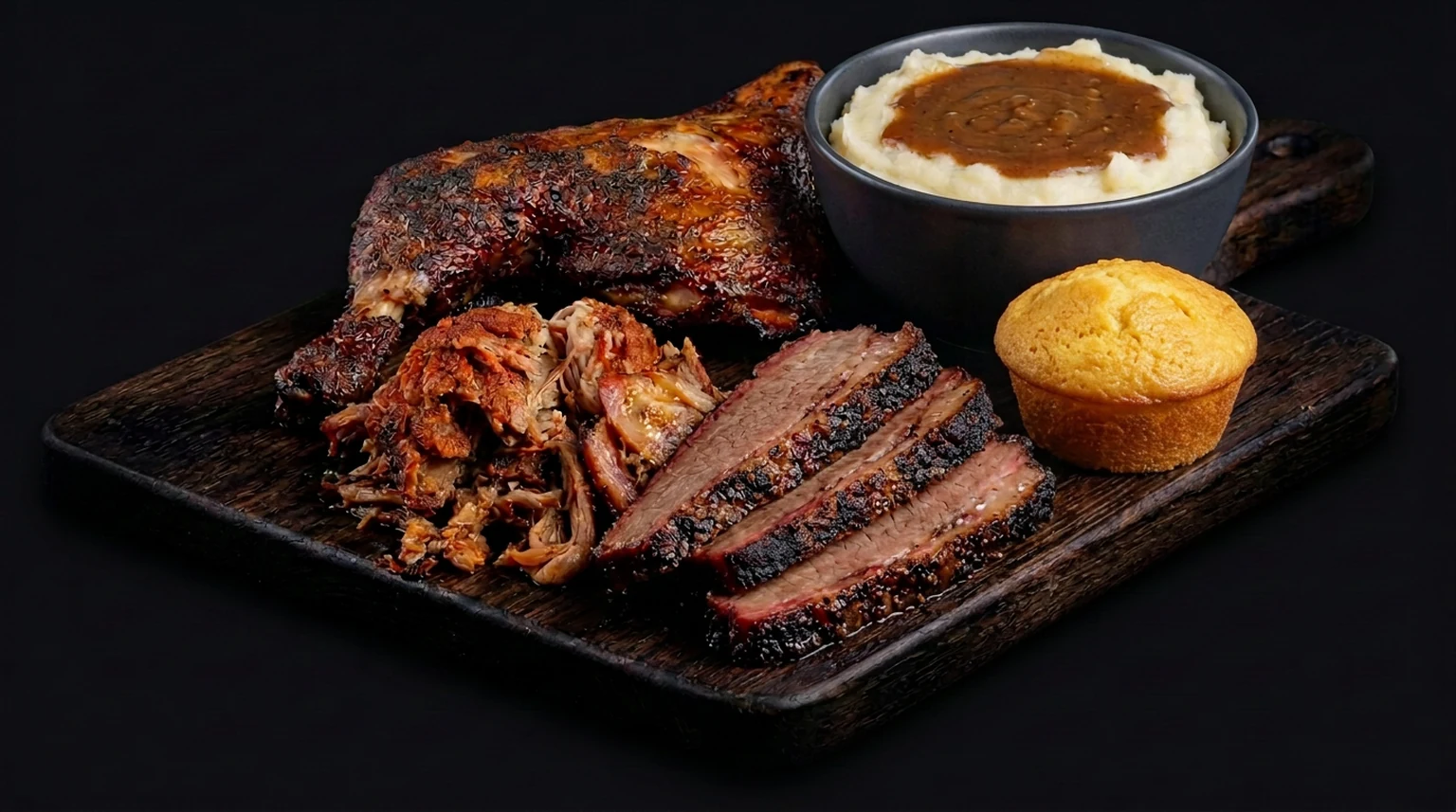 Smoking Pig BBQ chicken quarter, pulled pork and brisket with mashed potatoes and cornbread